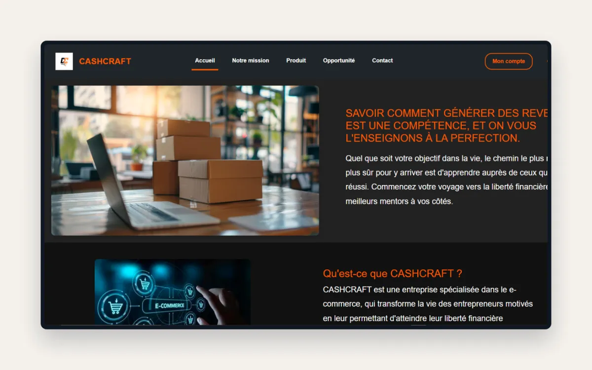 Cashcraft · Site vitrine e-commerce et formation